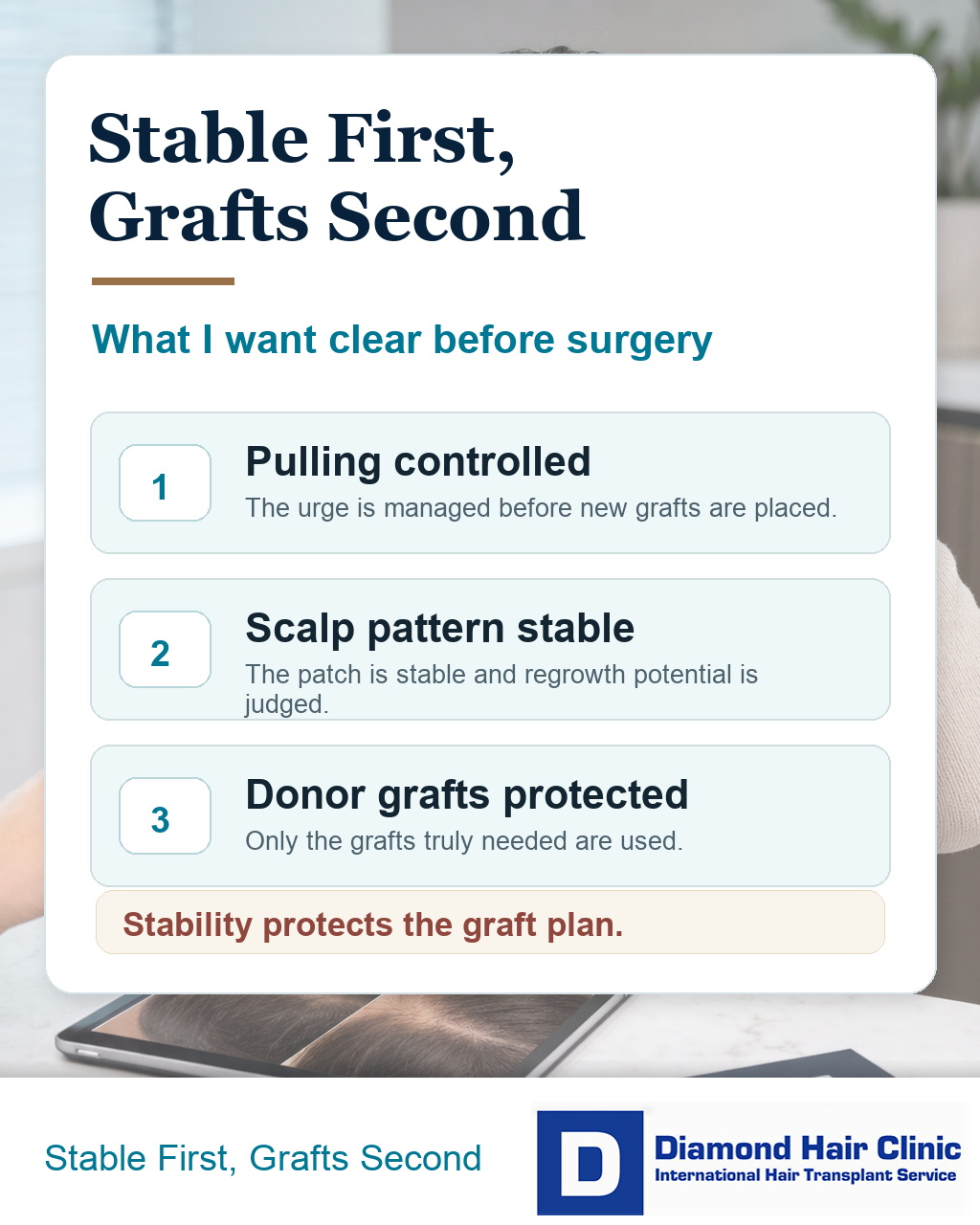 Explanatory visual showing that hair pulling control and stable scalp assessment should come before graft planning