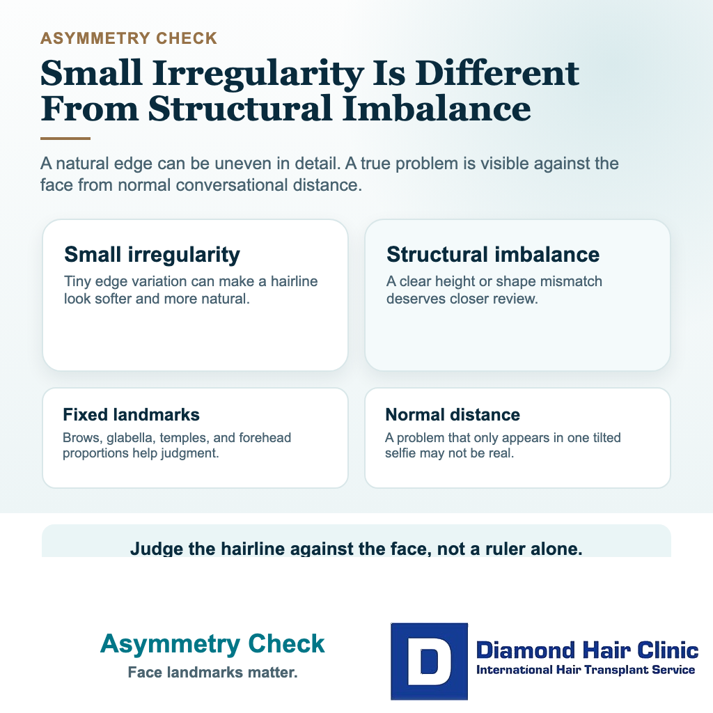 Visual explaining how to separate small natural hairline irregularity from structural imbalance after hair transplant.