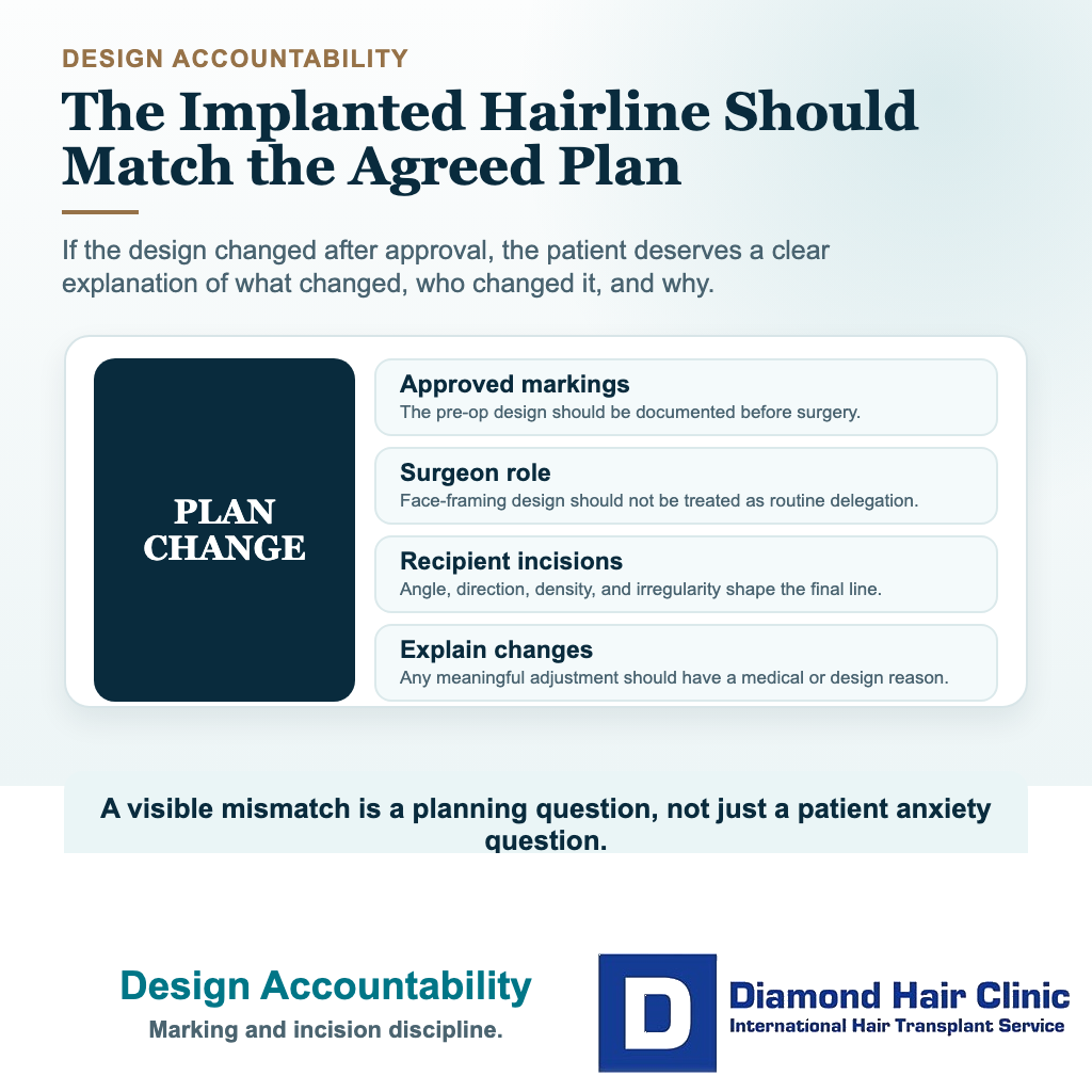 Visual explaining hairline design accountability when the approved preoperative plan and implanted recipient area do not match.