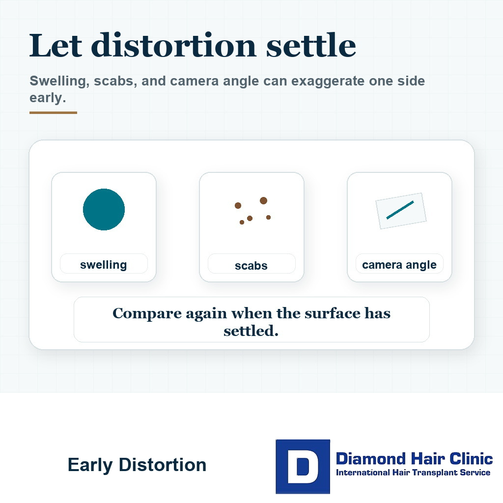 Visual showing swelling scabs and camera angle can make an uneven hairline look worse early after hair transplant
