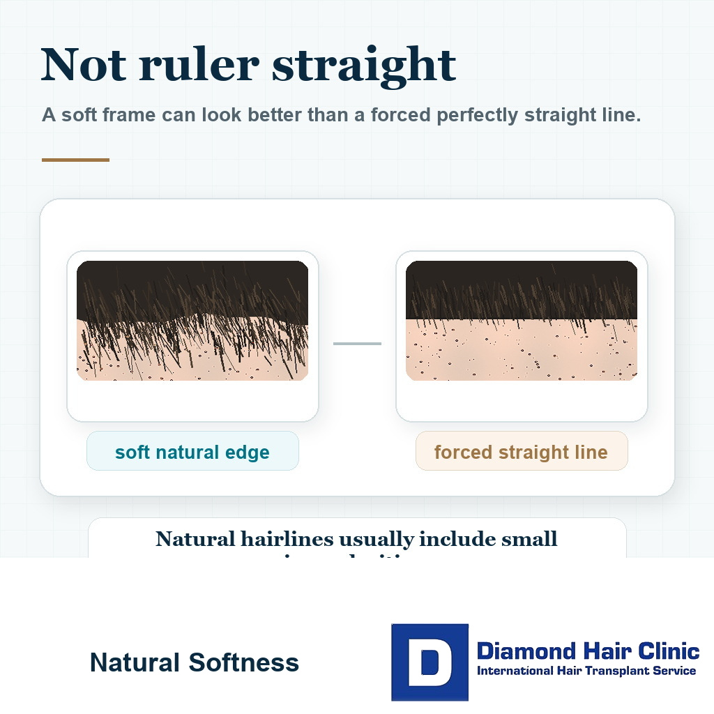 Visual comparing a soft natural hairline edge with a forced ruler straight hairline after hair transplant