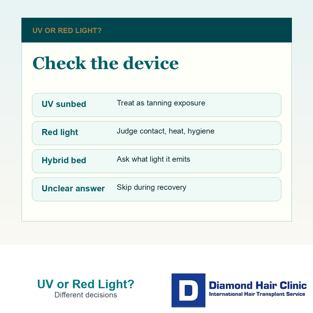 Information card comparing UV tanning beds red light devices and hybrid salon beds after FUE recovery