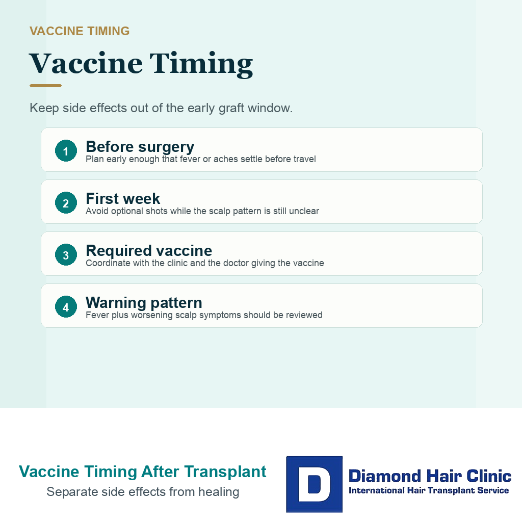 Diamond Hair Clinic information card explaining vaccine timing after hair transplant