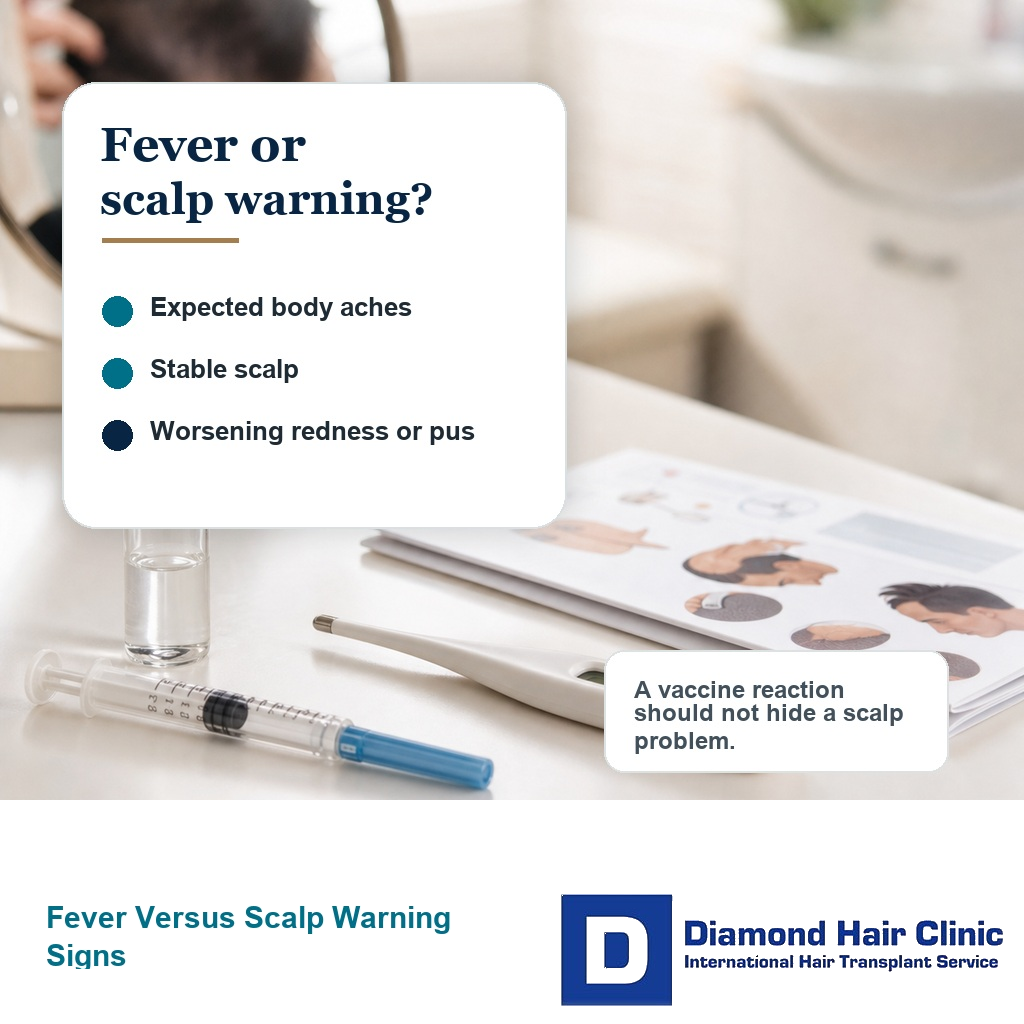 Clinic desk visual explaining vaccine fever versus scalp warning signs after hair transplant