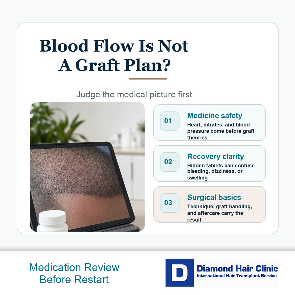 Medication review visual explaining why Viagra and Cialis should not be treated as graft survival shortcuts after a hair transplant
