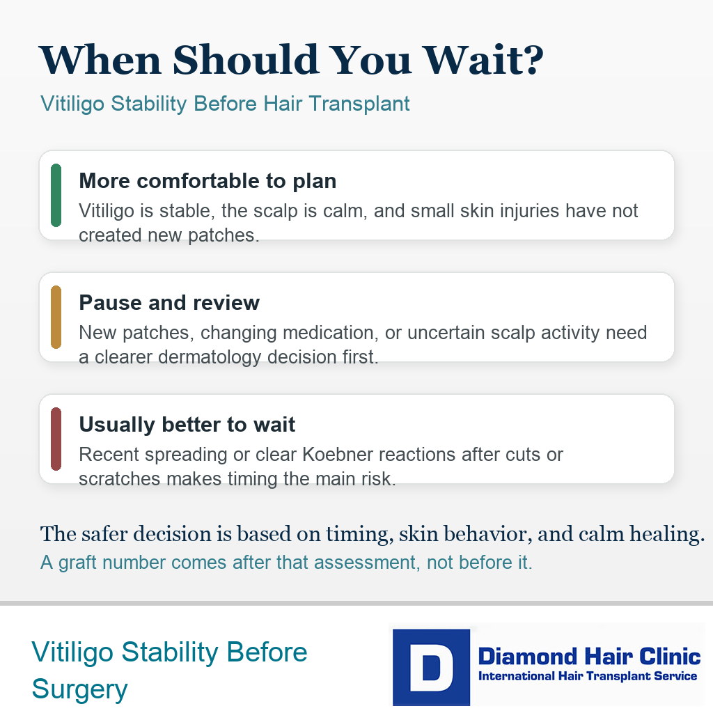 Decision gate showing when vitiligo should be stable before hair transplant surgery