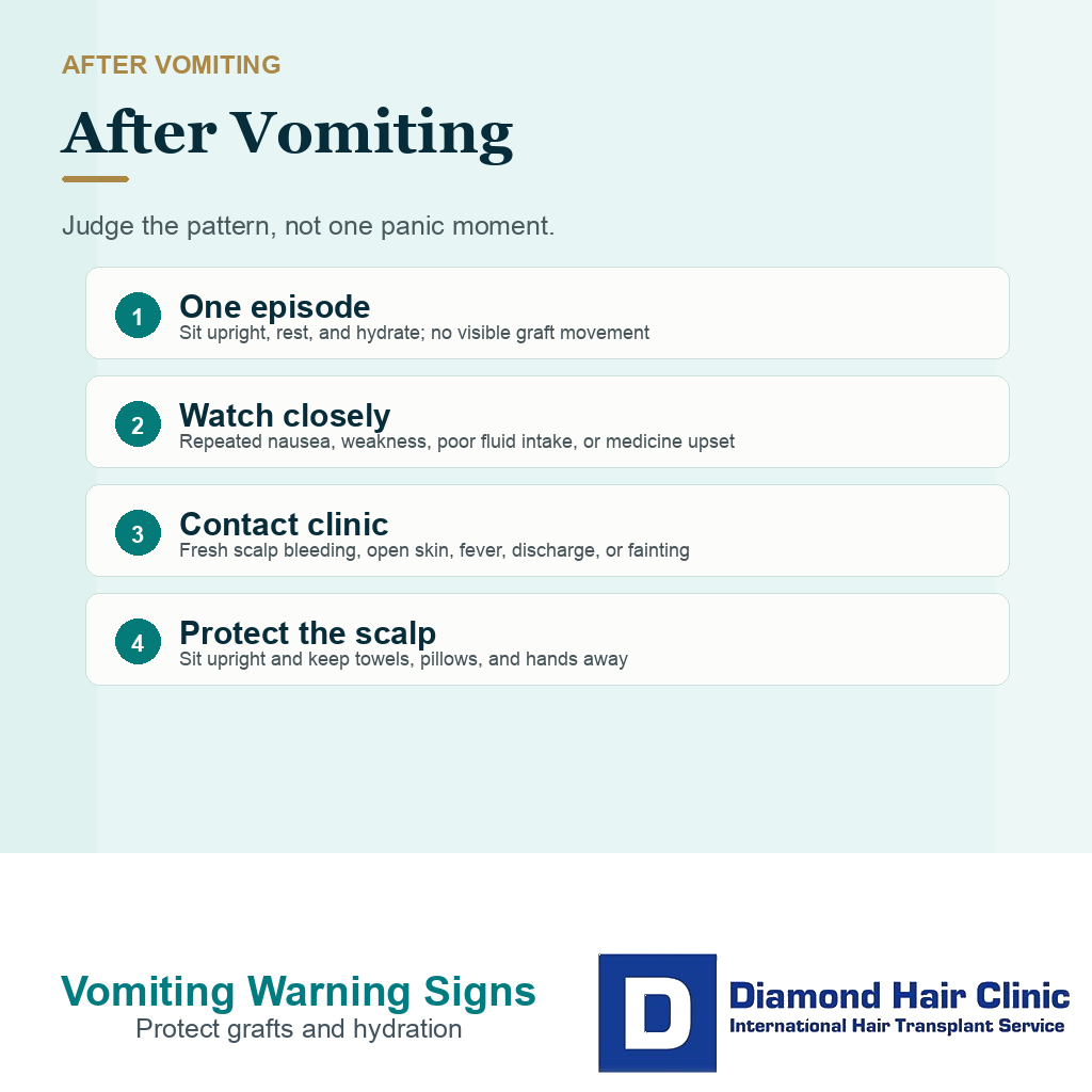 Diamond Hair Clinic information card comparing one vomiting episode with warning signs after hair transplant
