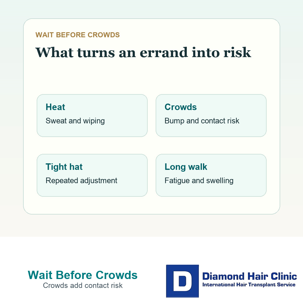 Support card explaining why crowds sightseeing heat and hats should wait after hair transplant surgery