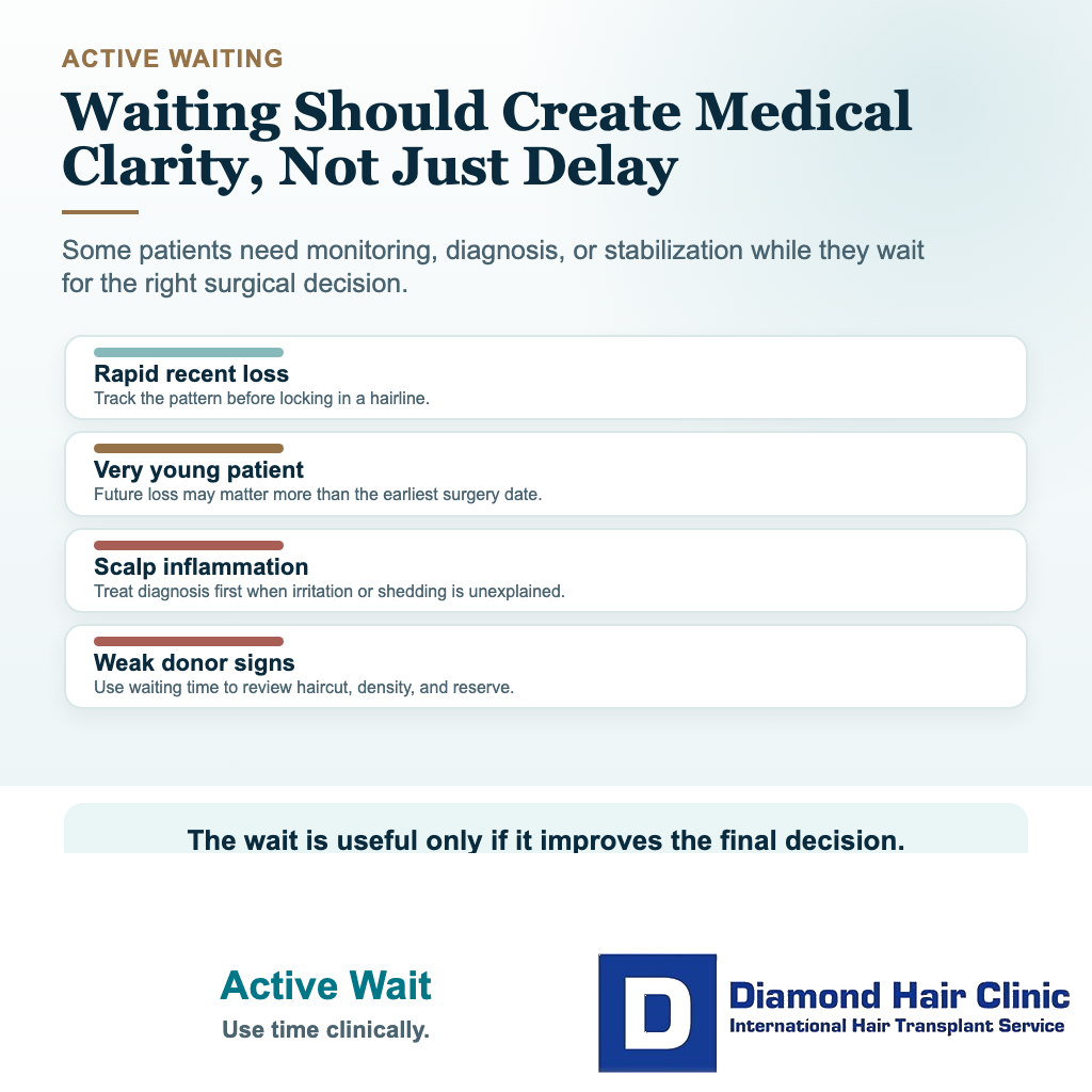 Should I Wait for the Right Hair Transplant Surgeon? visual explaining active wait