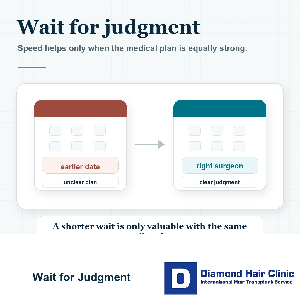 Visual comparing a fast hair transplant date with weak planning to waiting for stronger surgeon judgment