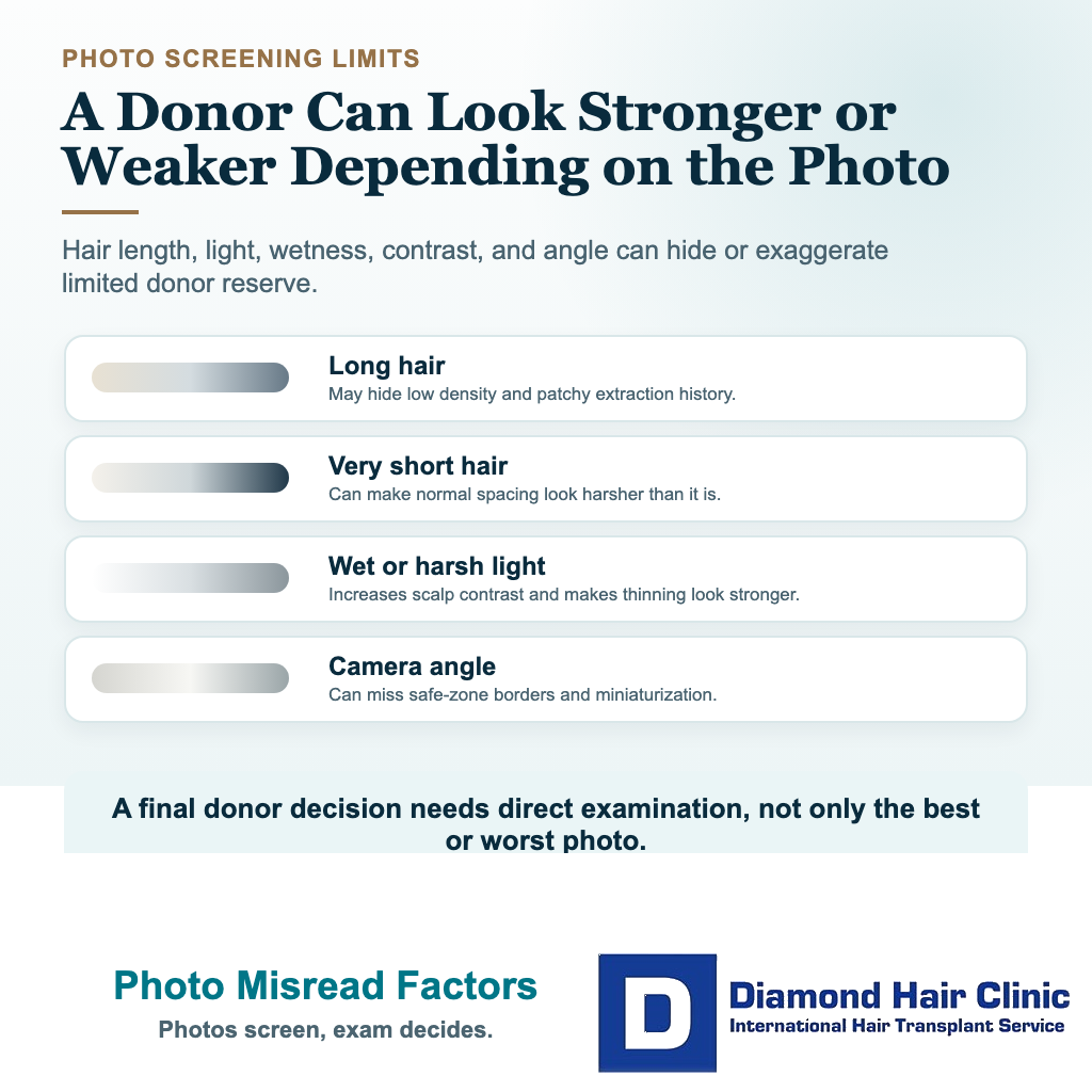 Weak donor area hair transplant visual explaining how lighting hair length wet hair and camera angle can mislead donor assessment photos