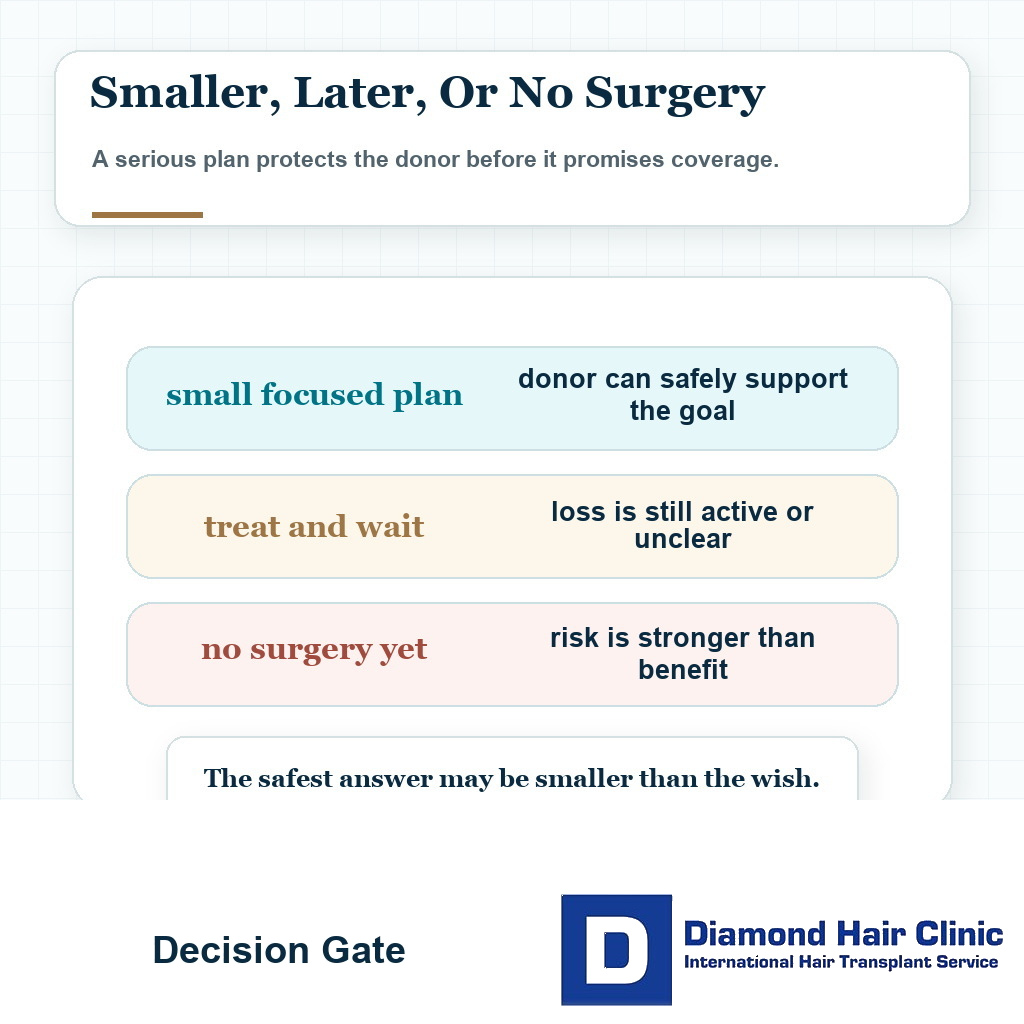 Decision gate card showing when weak donor hair may lead to a smaller plan delayed surgery or no surgery