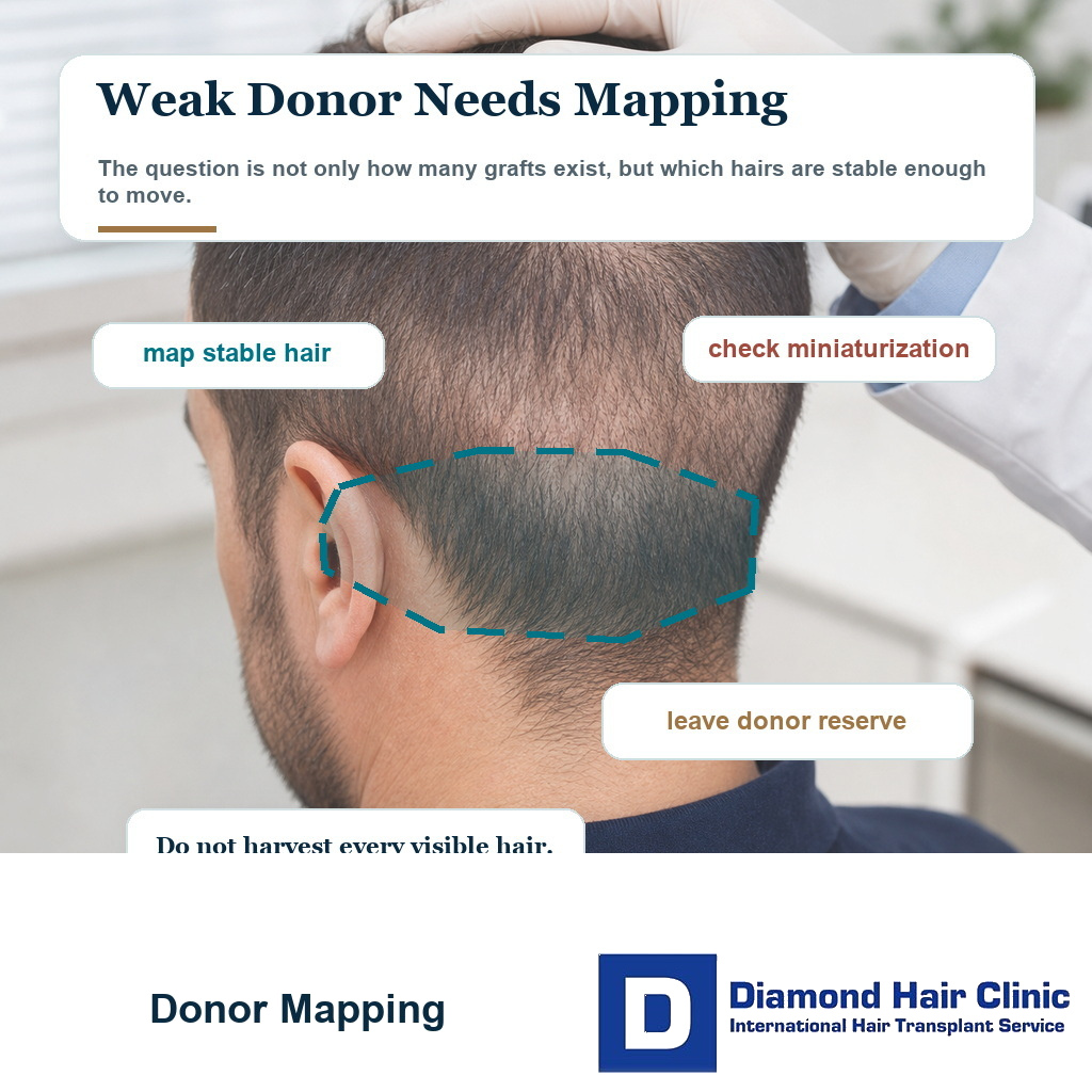 Donor assessment visual showing why a weak donor area needs stable zone mapping before hair transplant approval