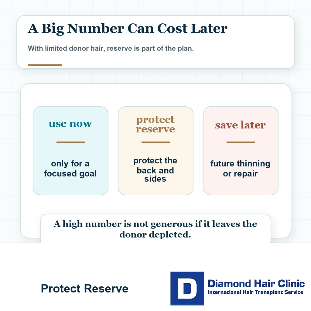 Planning card explaining that high graft numbers can spend future donor reserve when donor hair is limited