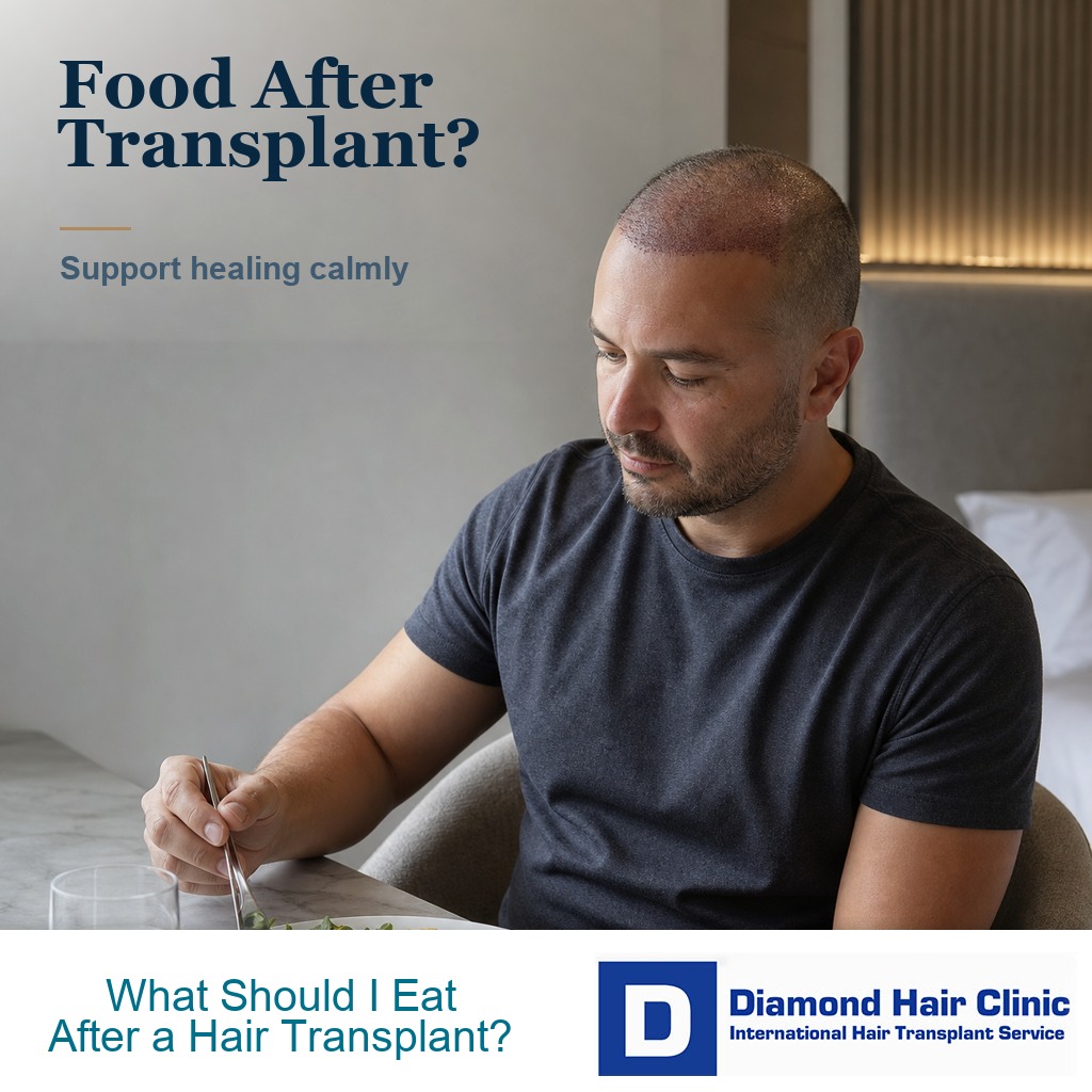 Hair transplant patient eating a balanced recovery meal with water after surgery