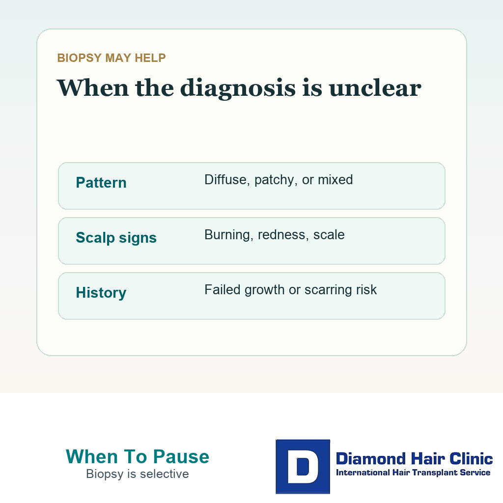 Support card showing unclear pattern inflammation scarring risk and failed growth before hair transplant planning