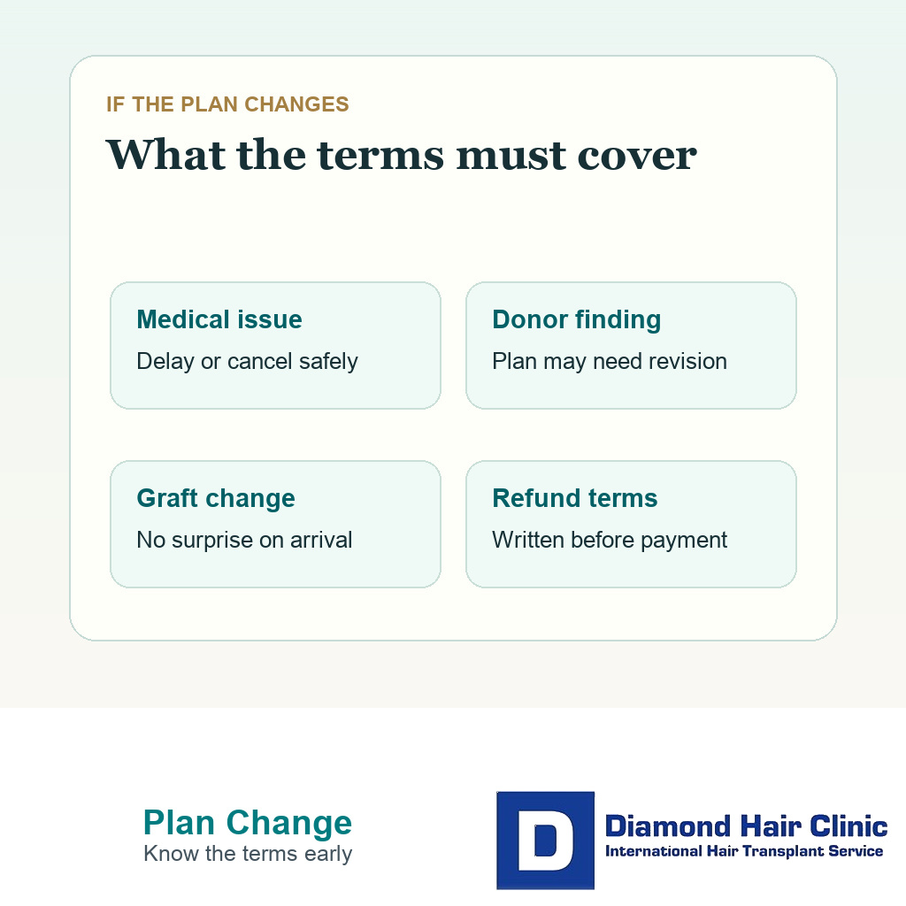 Clinical card showing medical issue donor finding graft change and cancellation terms after a hair transplant deposit