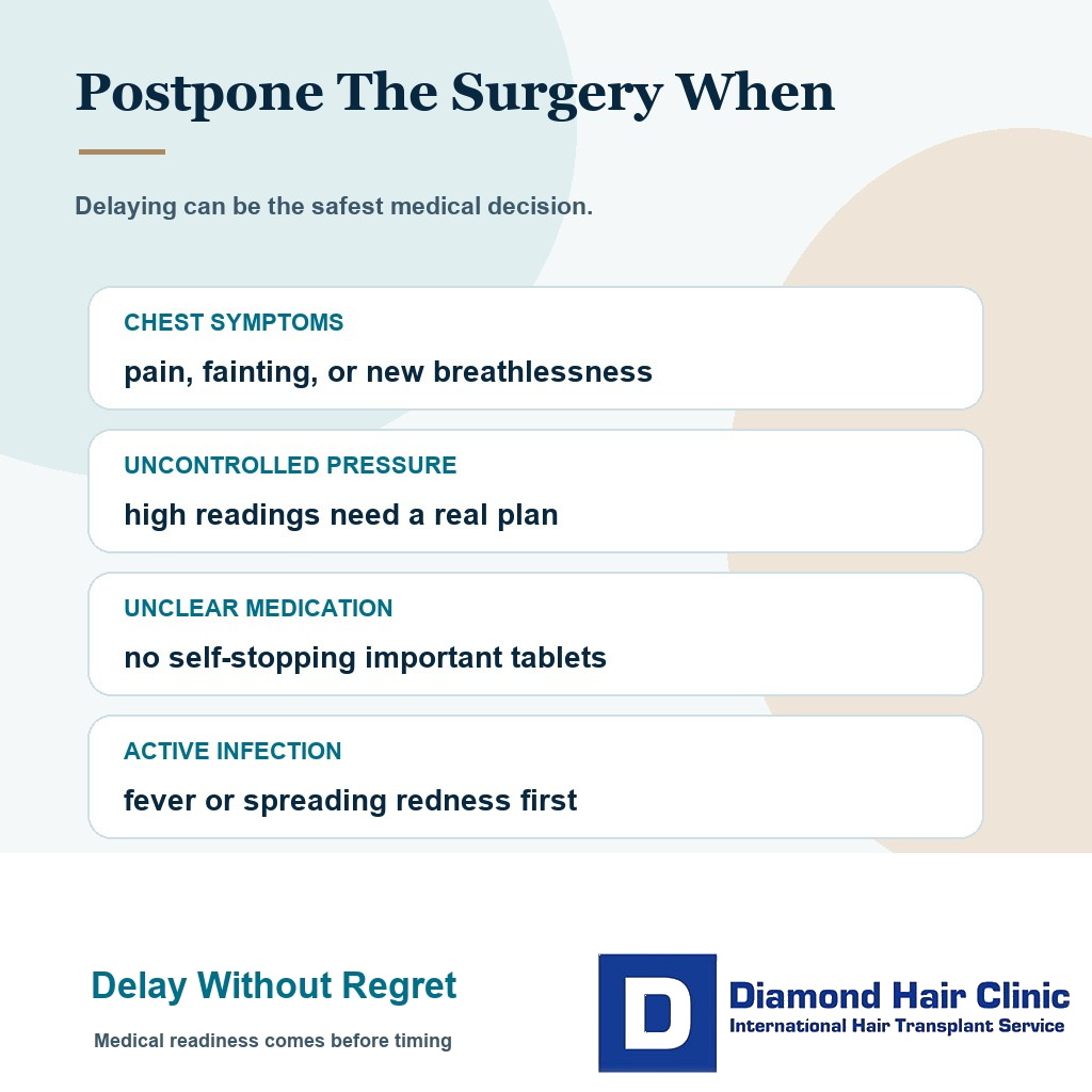 Safety card showing reasons to postpone hair transplant including chest symptoms uncontrolled pressure unclear medication and active infection