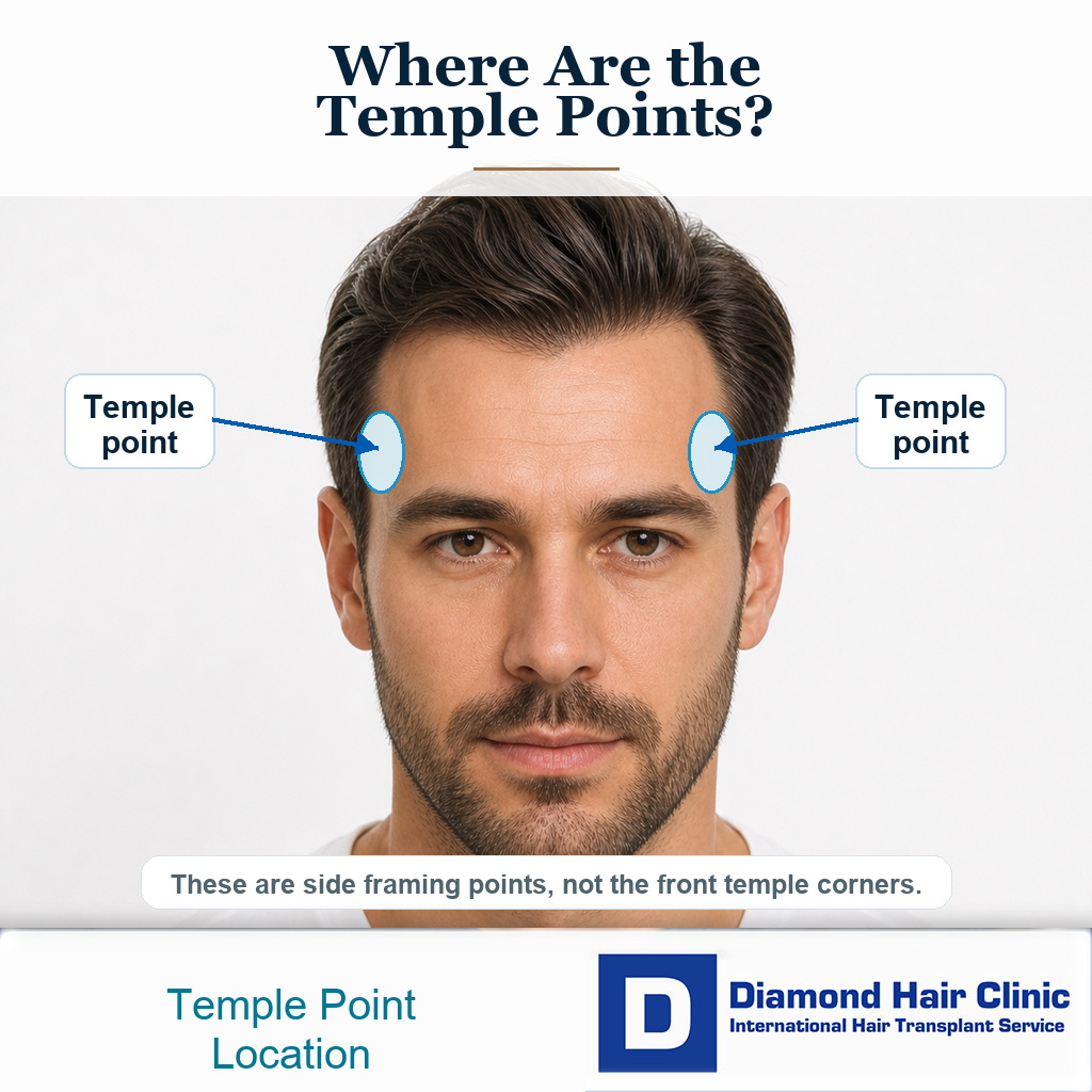 Temple graft planning visual showing the difference between front temple corners and side temple points
