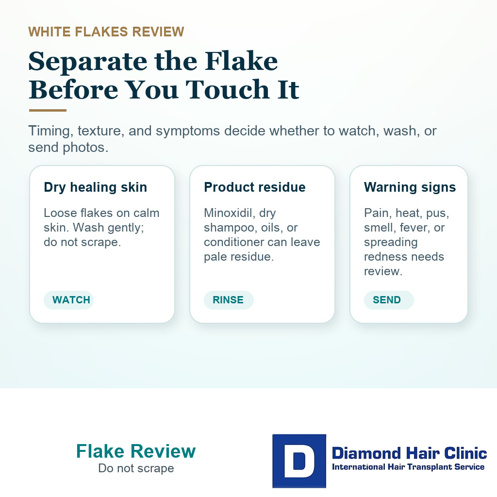 Visual guide separating dry flakes, product residue, and warning signs on a healing transplant scalp