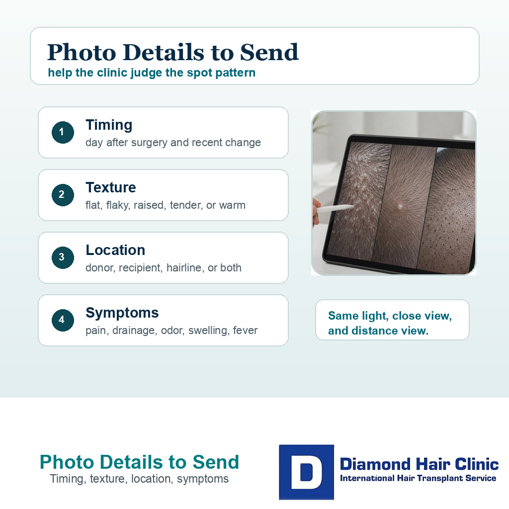 Information card listing timing texture location and symptoms to photograph after FUE
