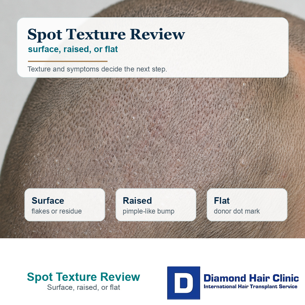 Close scalp review showing surface raised and flat white spot patterns after FUE