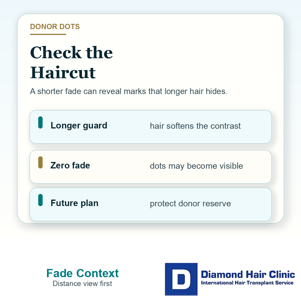 Clinical support card explaining that white donor dots after FUE may become visible after a very short fade and should be judged with haircut length and donor reserve in mind.