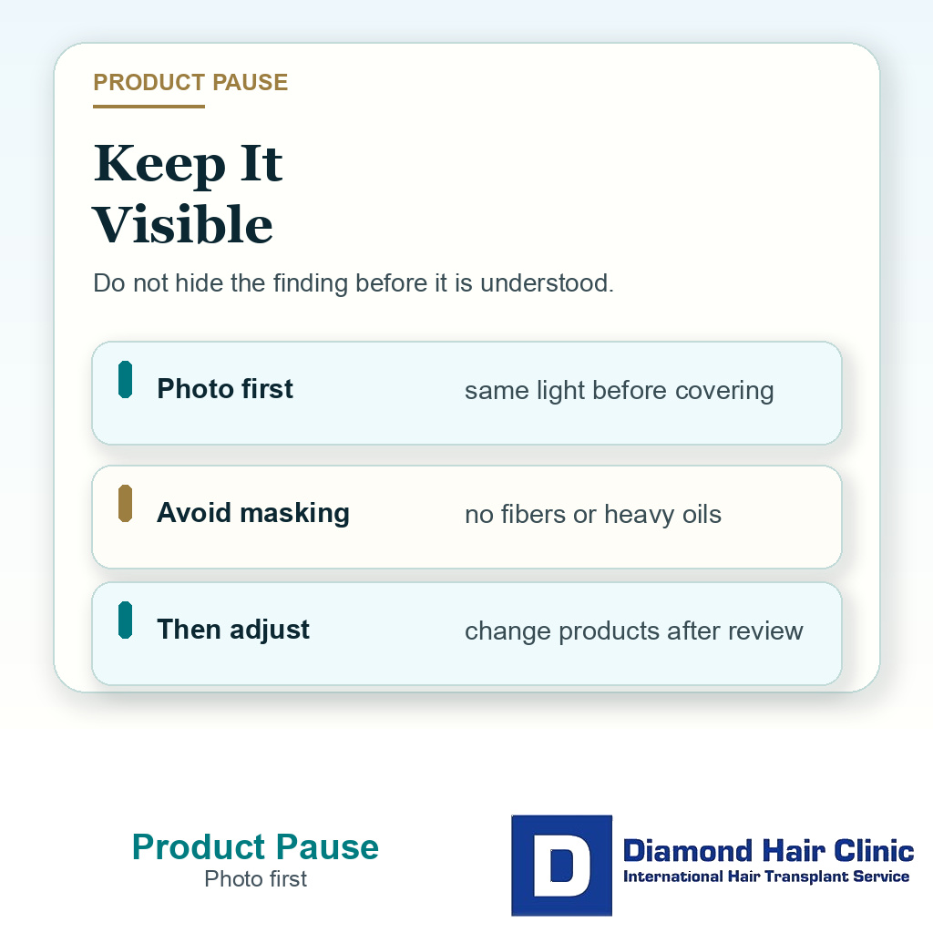 Clinical support card advising to photograph white spots after FUE before covering them with fibers, oil, thick ointment, or product changes.