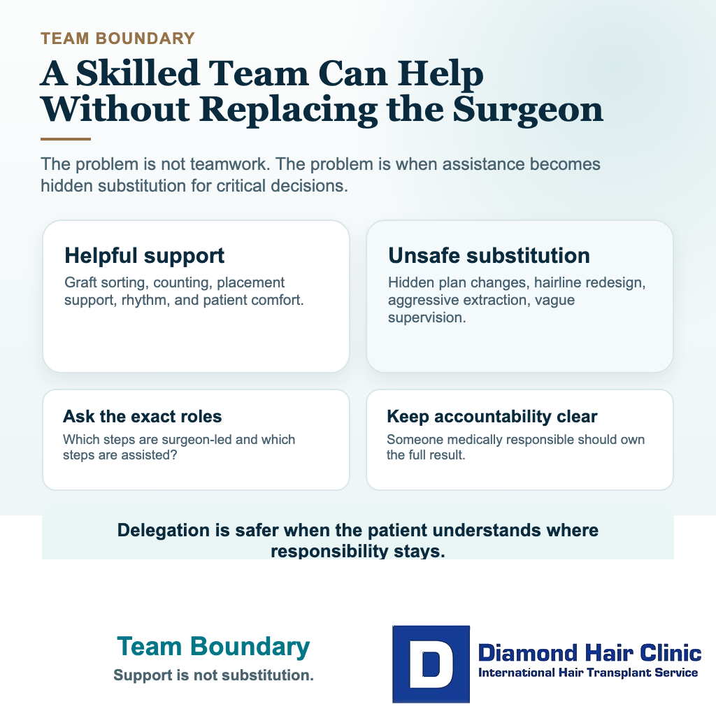 Visual explaining that technicians can assist in a hair transplant without replacing surgeon responsibility