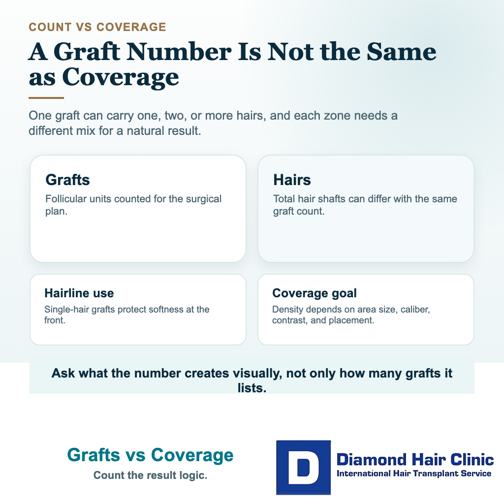 Visual explaining that graft count, hair count, and visual coverage are different when comparing hair transplant quotes.