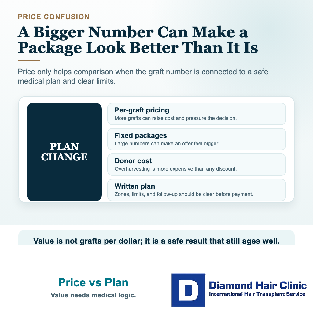 Visual explaining how per-graft pricing and fixed hair transplant packages can make graft numbers confusing.