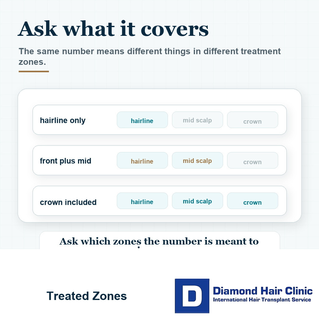 Visual explaining that hair transplant graft numbers need judgment by the treatment zones they are meant to cover