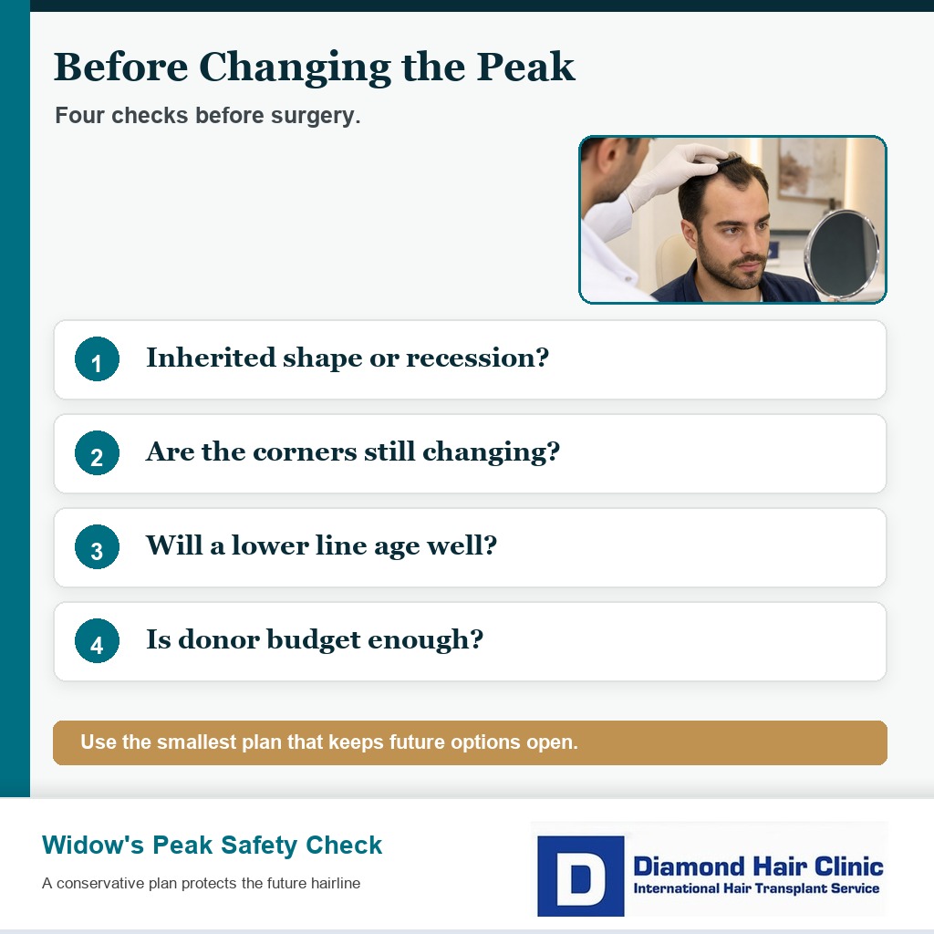Widow's peak safety check before changing hairline shape or graft count