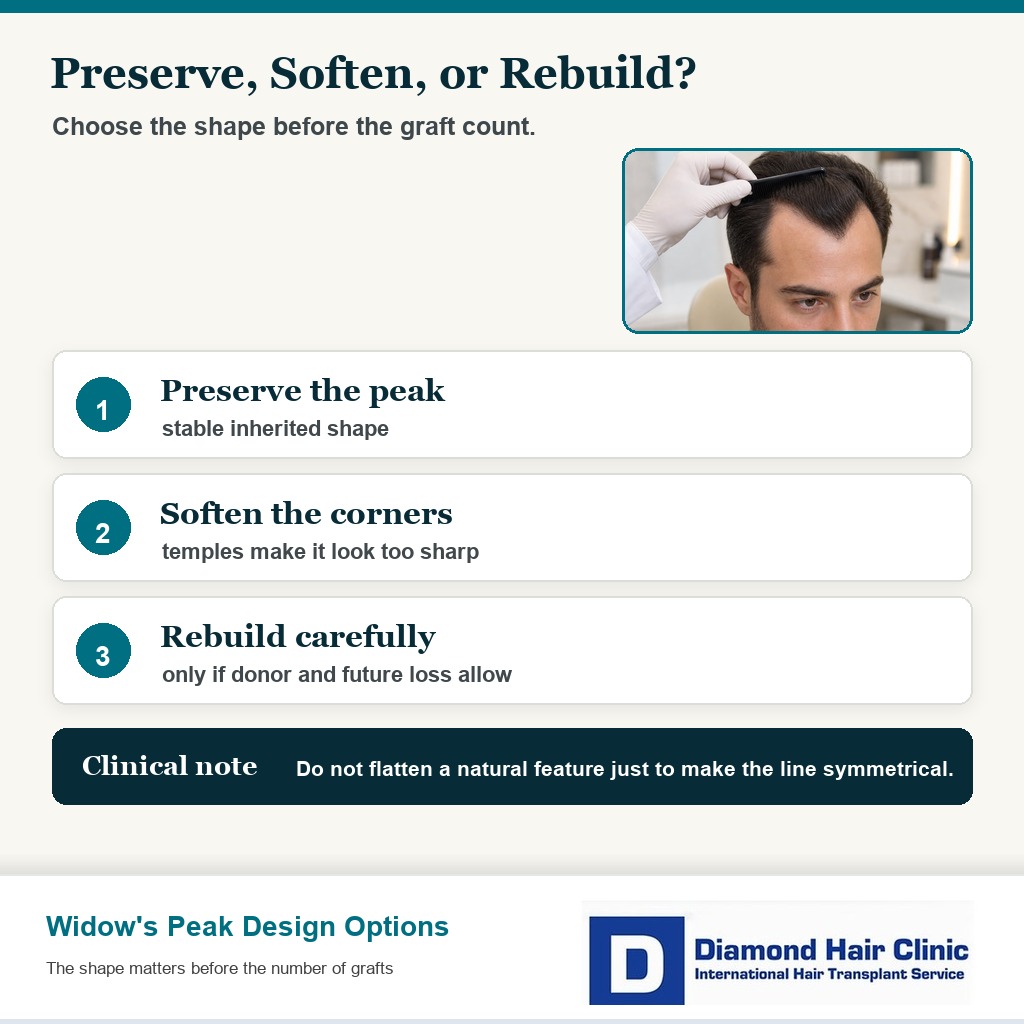 Widow's peak design options showing preserve, soften, and rebuild planning choices