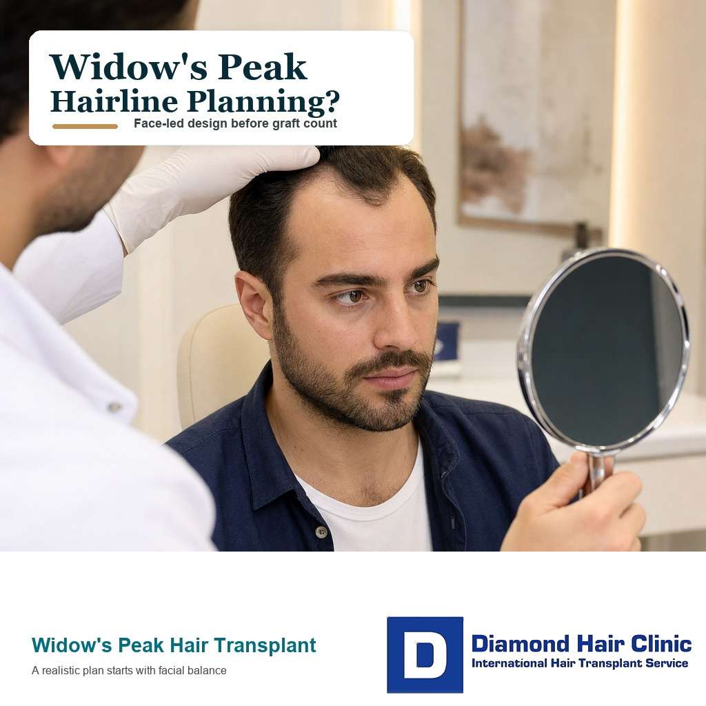 Surgeon assessing a patient's widow's peak hairline before hair transplant planning