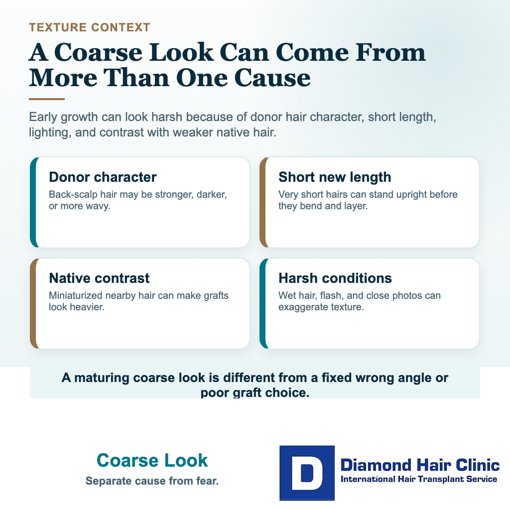 Visual explaining why new transplanted hair can look darker thicker or coarser than native hair during maturation