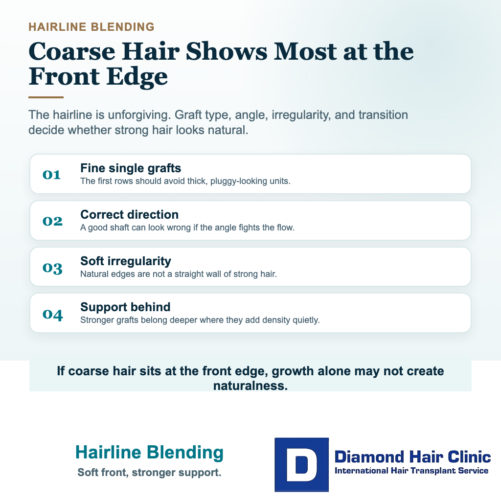 Visual explaining why hairline planning and graft selection affect how coarse transplanted hair is seen