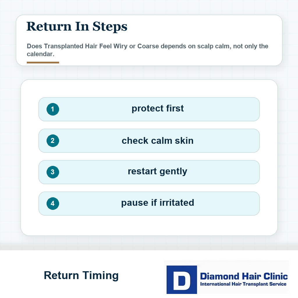 Timing visual for when wiry transplanted hair may soften after surgery