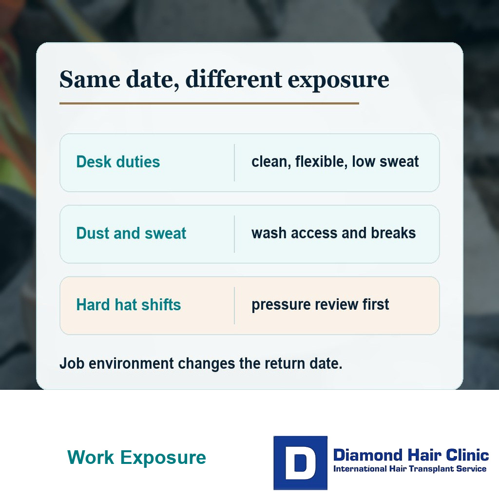 Work environment risk card showing desk work, sweat and dust, and hard hat pressure after hair transplant.