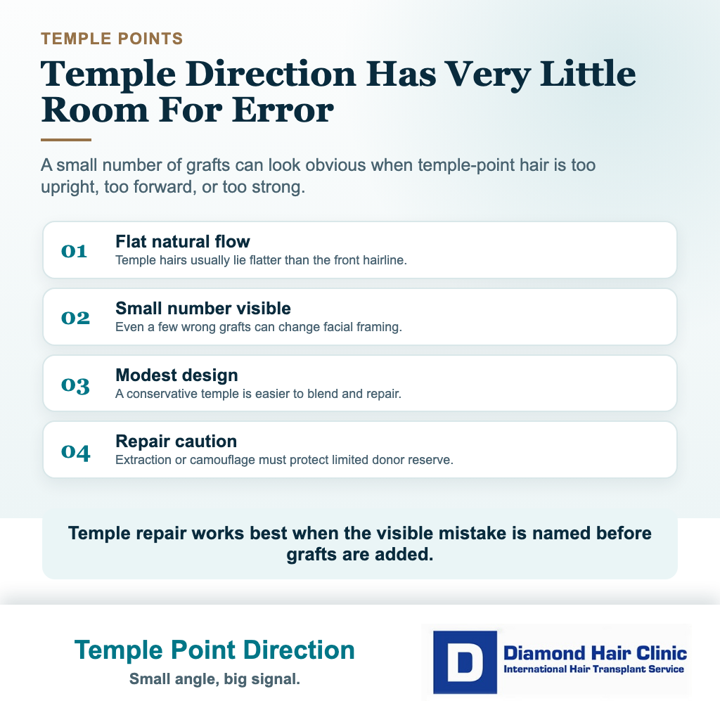 Visual explaining why temple point hair direction is especially unforgiving after a hair transplant