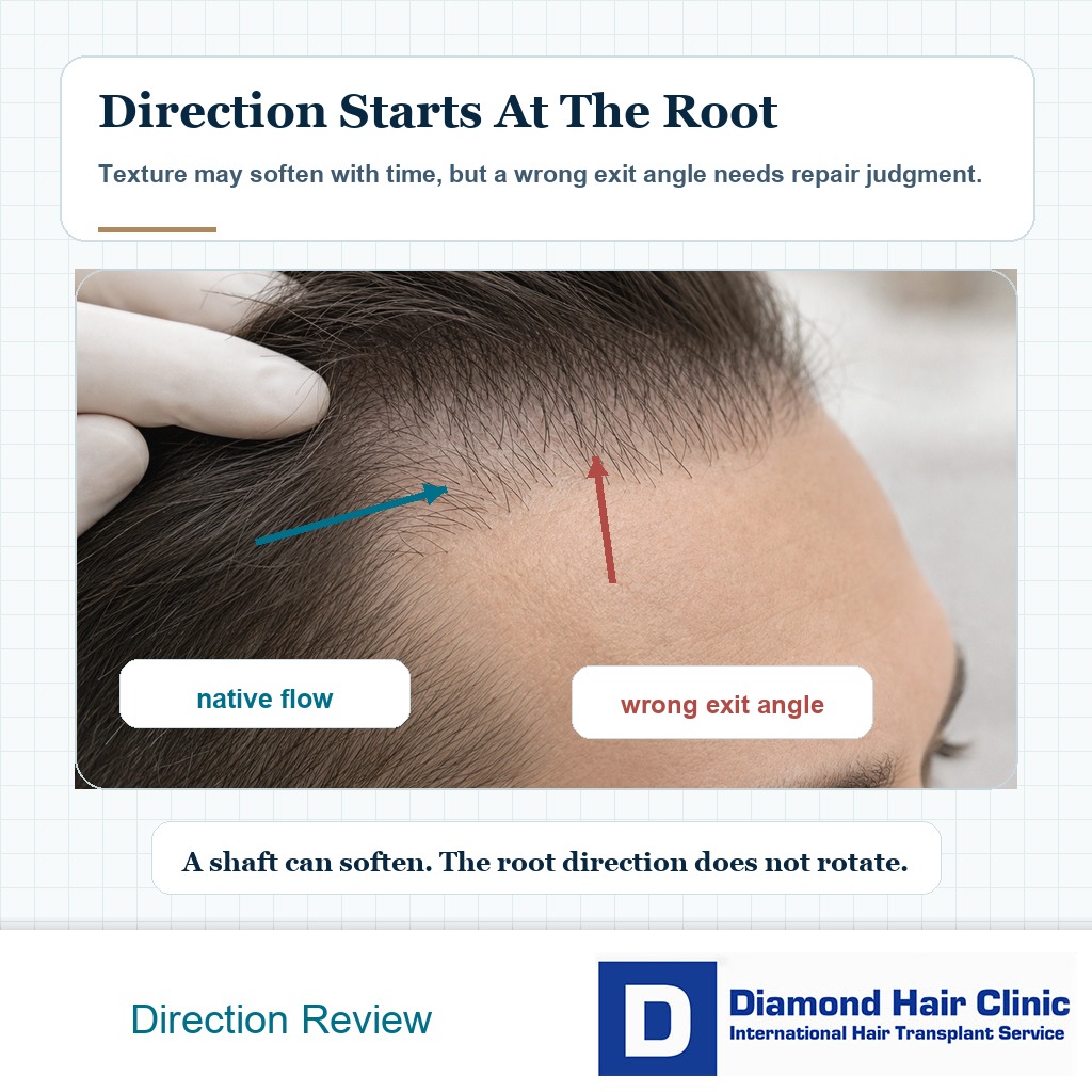 Native hair flow compared with wrong graft exit angle