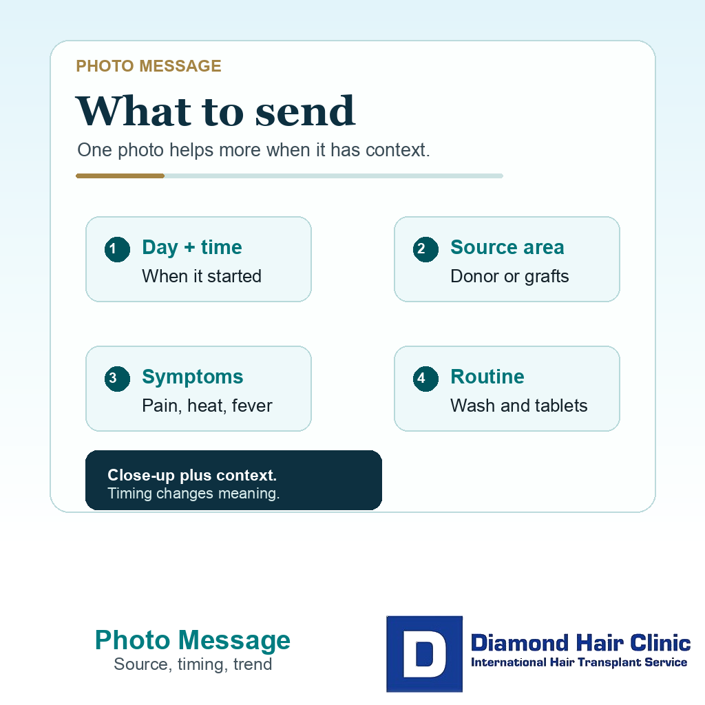 Photo message support visual showing day and time source area symptoms and routine details to send the clinic when yellow fluid appears