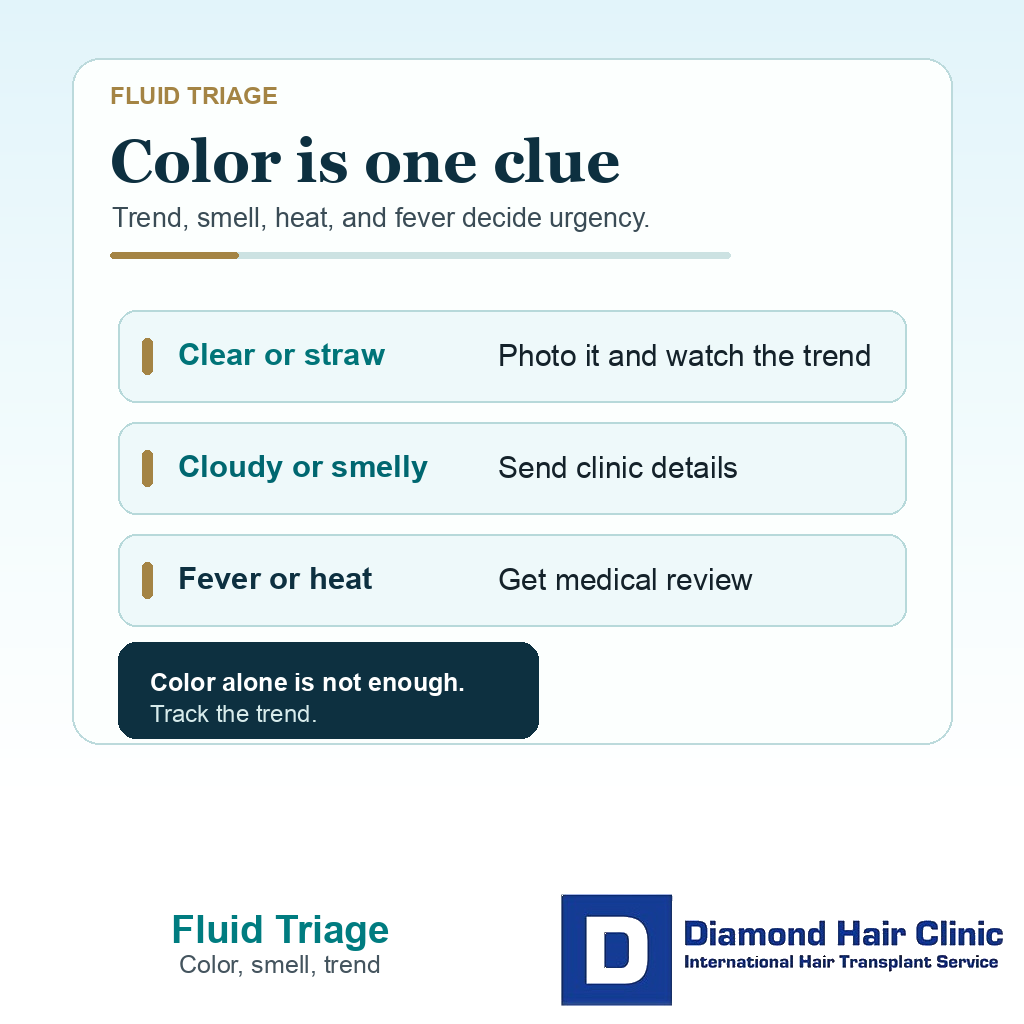 Yellow fluid triage support visual showing clear straw fluid cloudy or smelly fluid and fever or heat warning signs after FUE