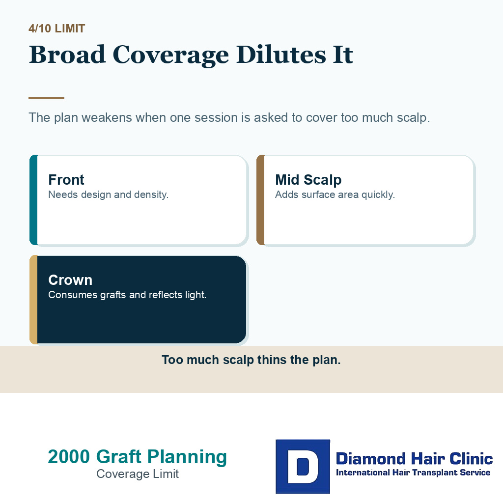 2000 grafts hair transplant carousel slide 4 showing broad coverage dilutes the grafts