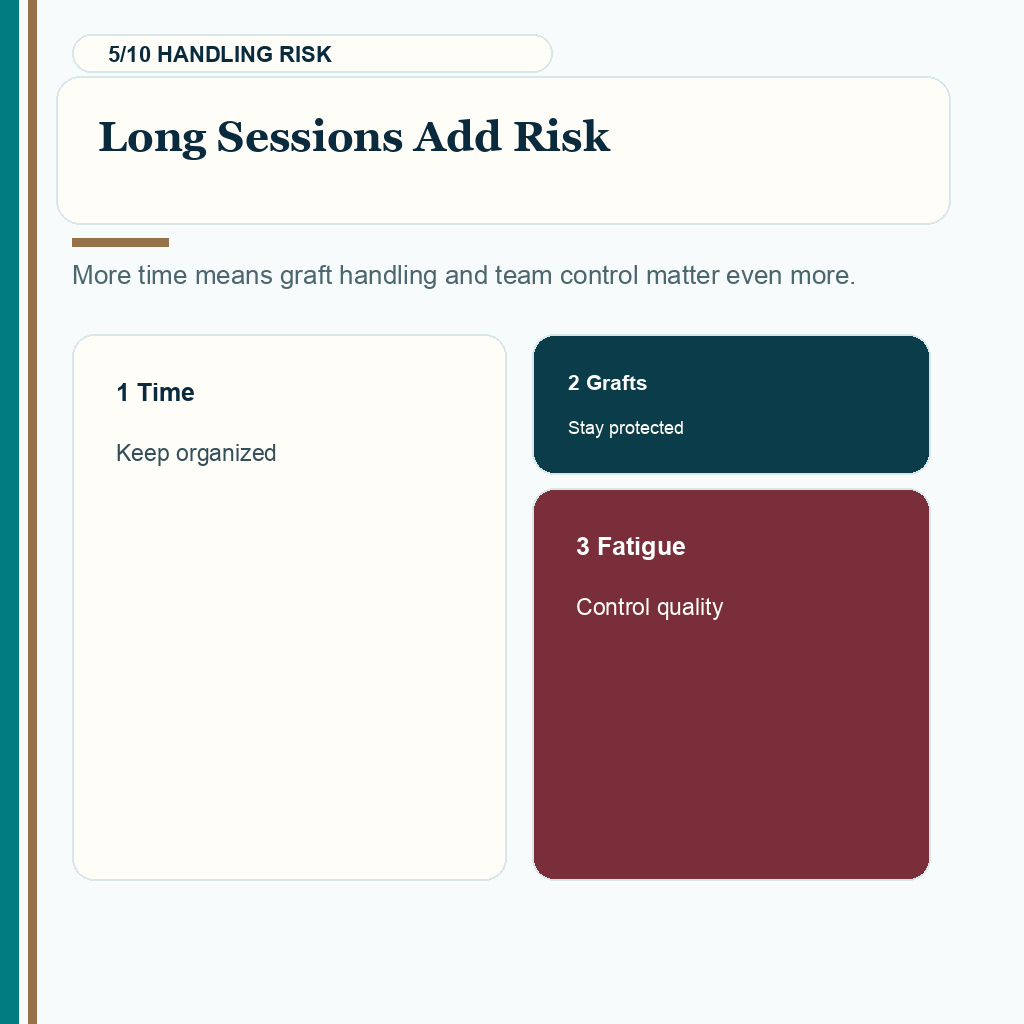 Large hair transplant session donor safety slide 5 explaining long sessions add risk