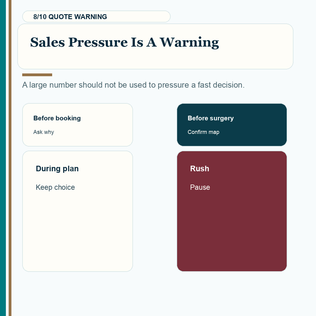 Large hair transplant session donor safety slide 8 explaining sales pressure is a warning