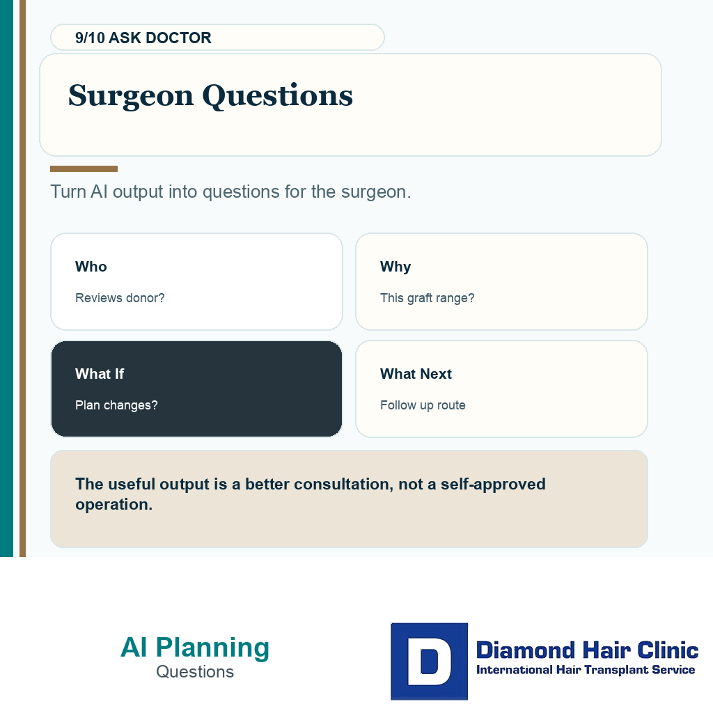 AI hair transplant planning carousel slide 9 explaining surgeon questions