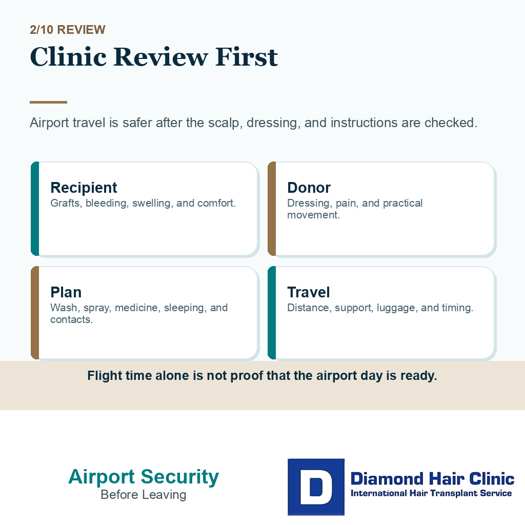 Airport security after hair transplant carousel slide 2 explaining clinic review before travel