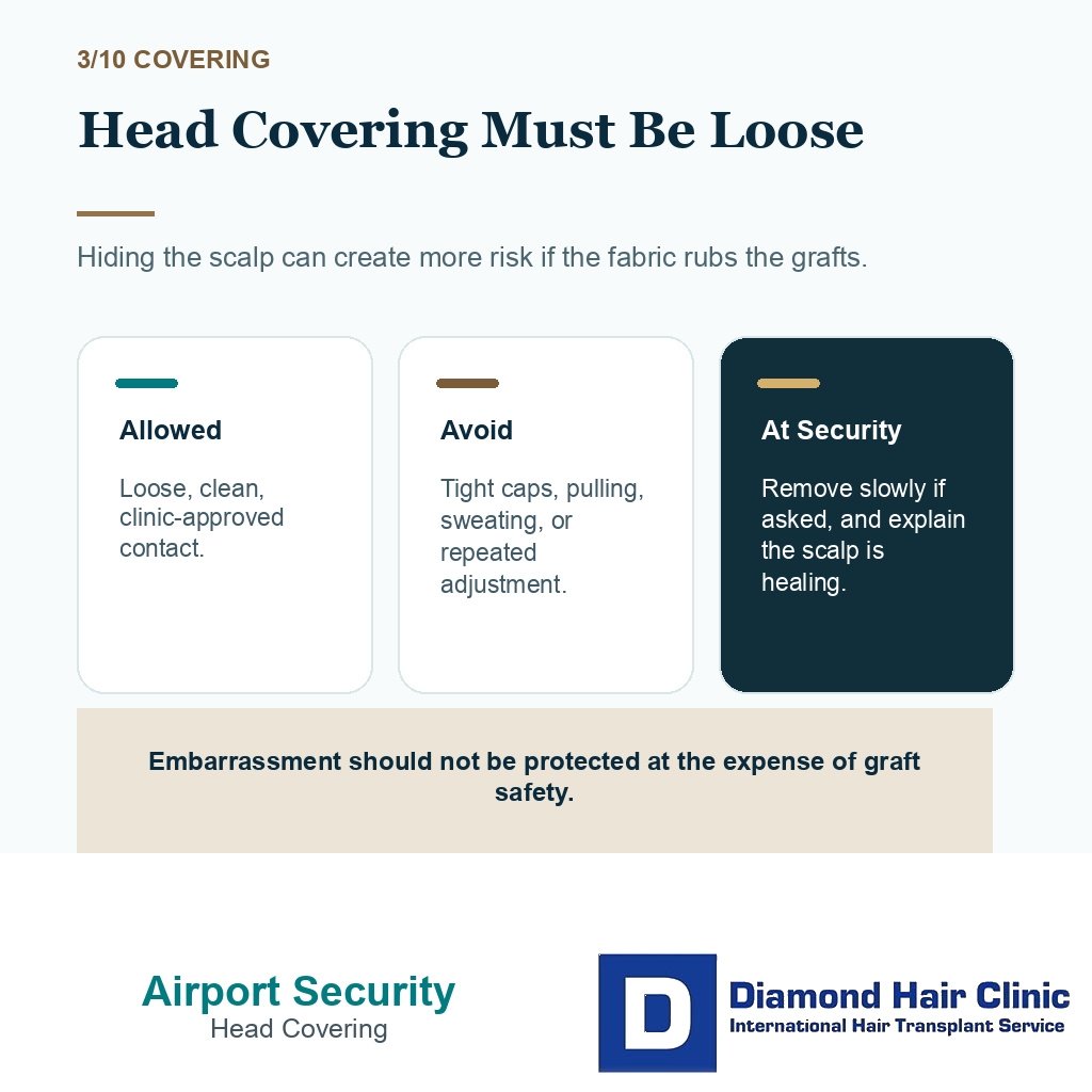 Airport security after hair transplant carousel slide 3 explaining loose head covering at security