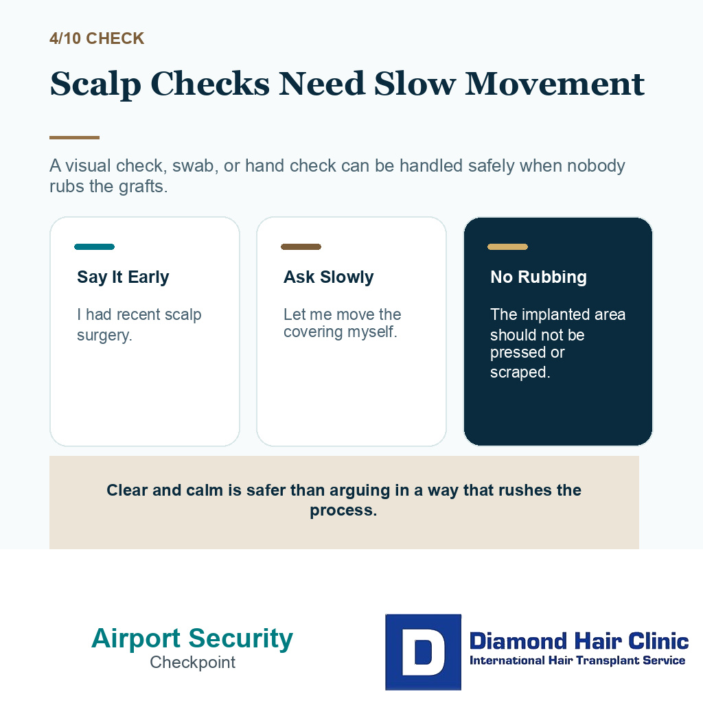Airport security after hair transplant carousel slide 4 explaining scalp checks and slow movement